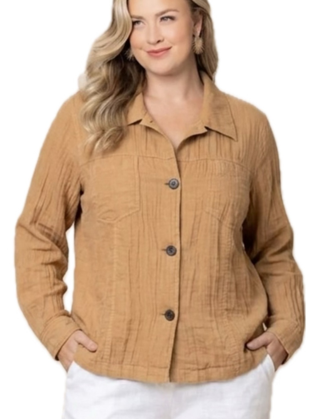 Coldwater Creek Crinkled Shacket Womens Size 1X Long Sleeve Rayon Linen Shirt